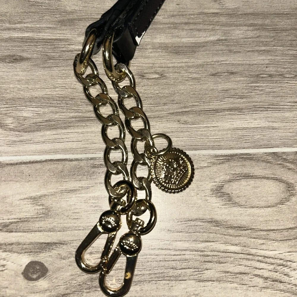 Juicy Couture Black Patent Leather Purse Strap Gold Chain Medallion Charm Handle
